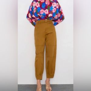 ZARA NWT High RiseSnap Button Ankle Pockets Utility Pants Taupe Brown Large
